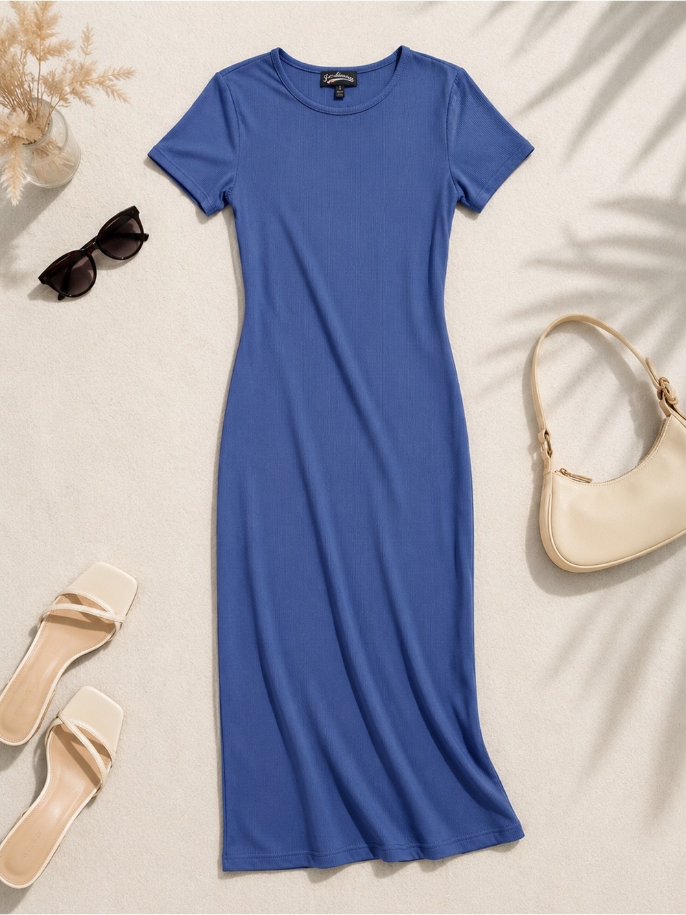 Blue Crewneck Short-Sleeve Maxi Dress